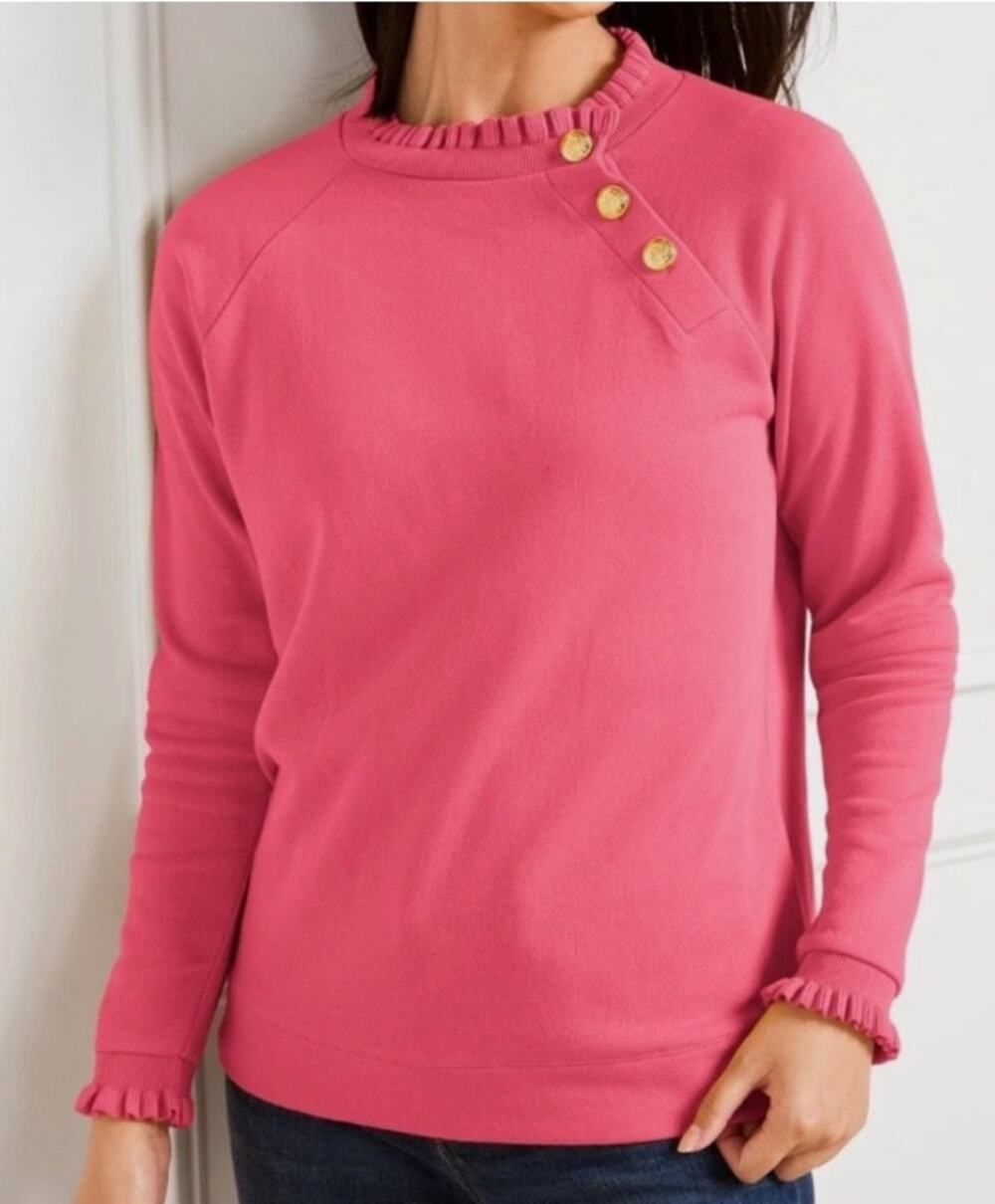 Talbots Large Pink Ruffle Trim Raglan Sweatshirt Gold Buttons At Neckline